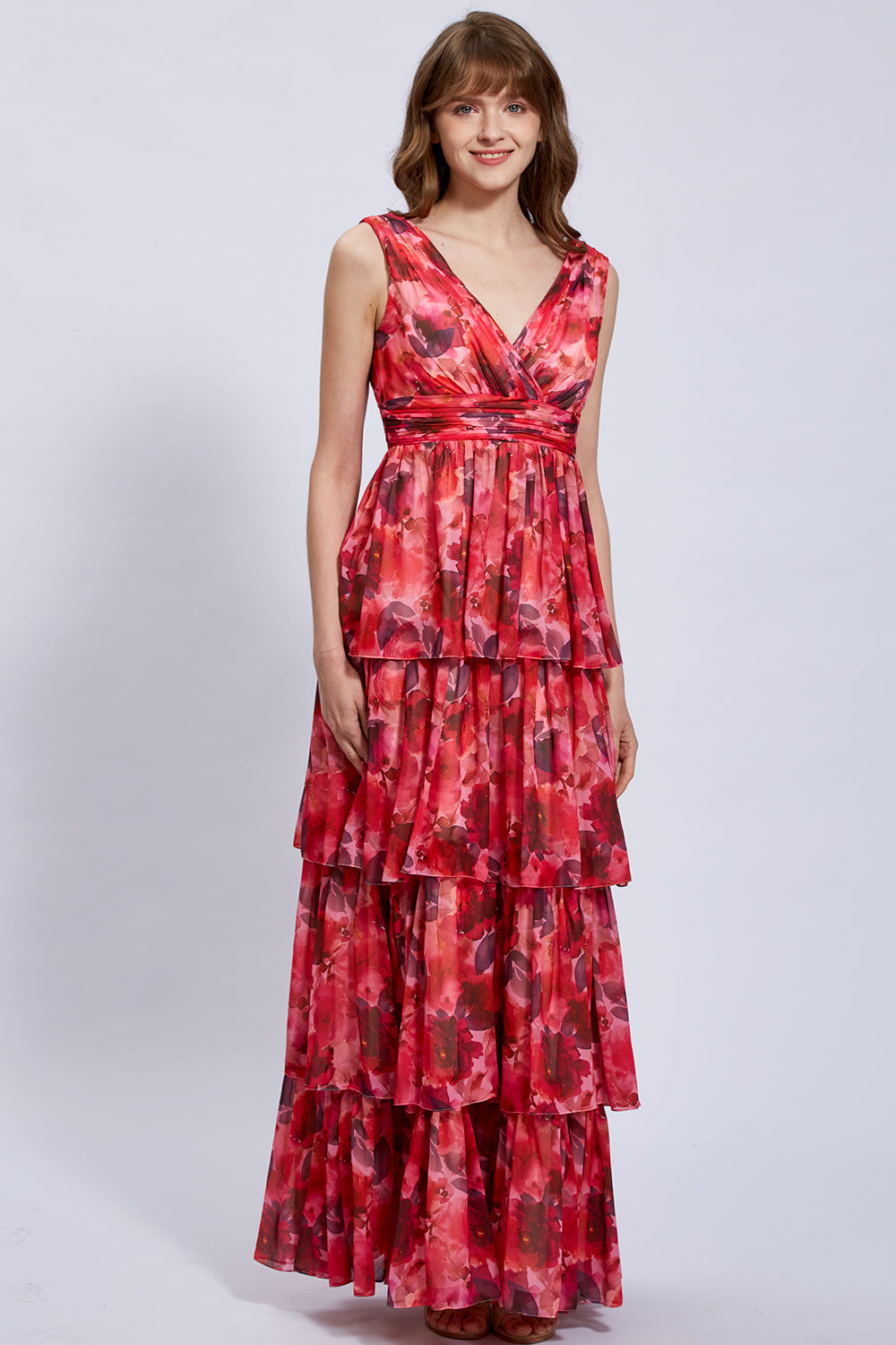 Straps V Neck Floral Chiffon Maxi Tiered Formal Dress