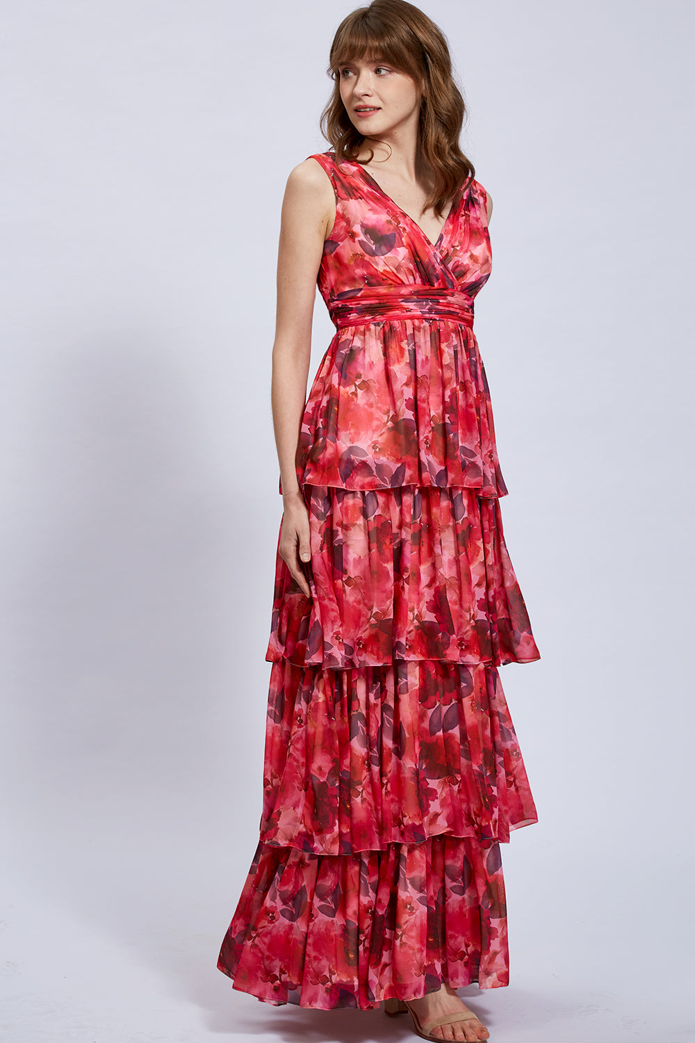Träger V-Ausschnitt Floral Chiffon Maxi abgestuftes Abendkleid