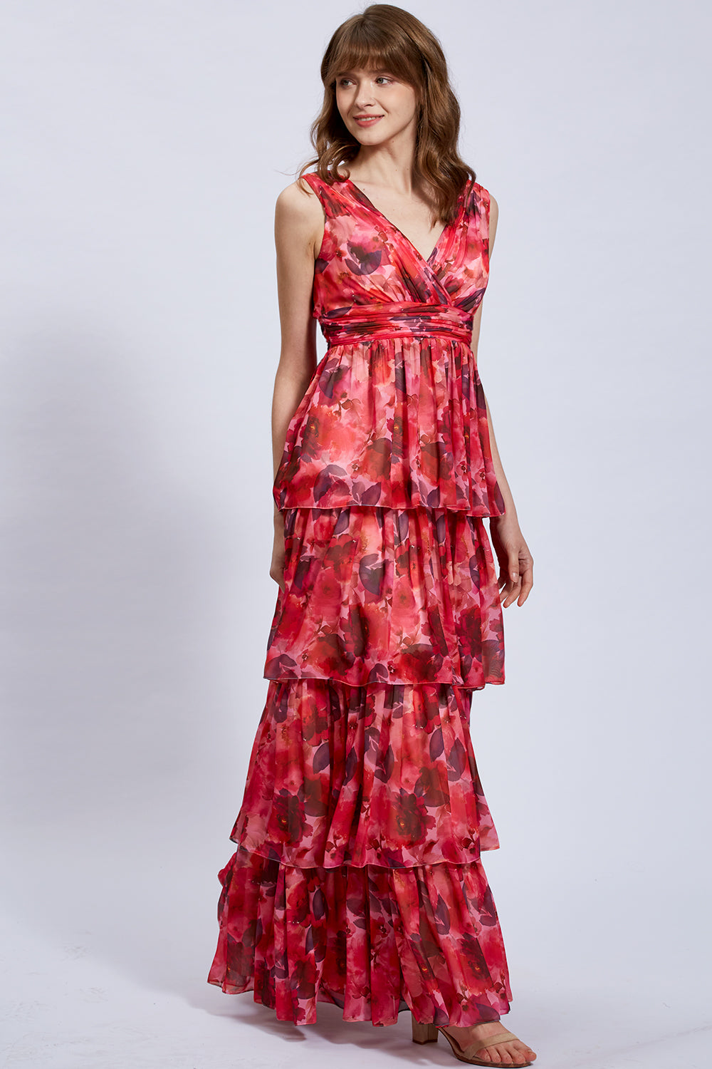 MissJophiel Straps V Neck Floral Chiffon Red Maxi Tiered Prom Formal Evening Gown Red / Tea Length / US12 MissJophiel Straps V Neck Floral Chiffon Red Maxi Tiered Prom Formal Evening Gown Red / Tea Length / US12