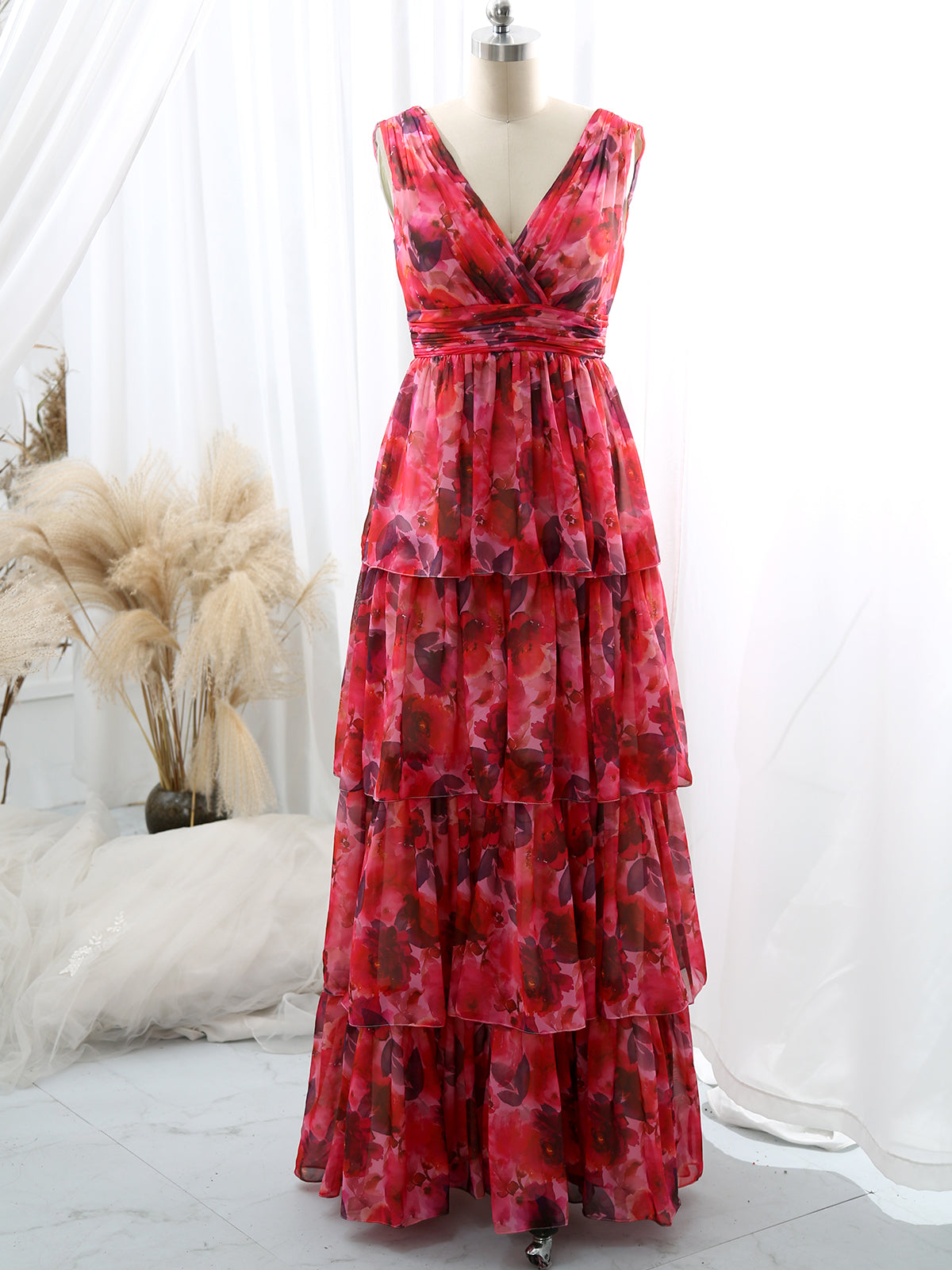red floral chiffon maxi dress Chiffon Maxi Dress with Floral Patchwork in Black and Red