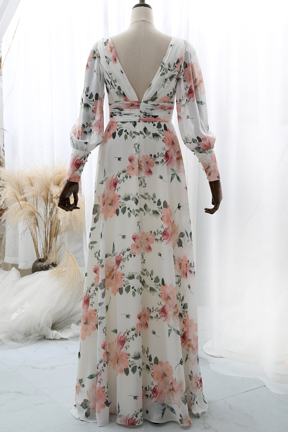 MissJophiel Long Sleeves V Neck Floral Chiffon Maxi Dress Formal Evening Gown