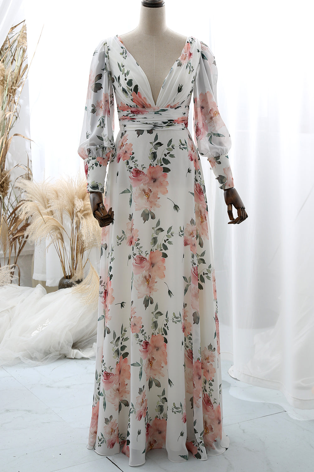 MissJophiel Long Sleeves V Neck Floral Chiffon Maxi Dress Formal Evening Gown