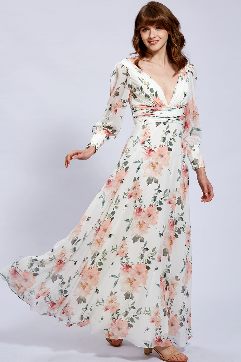 Long Sleeves V Neck Floral Chiffon Formal Evening Gown