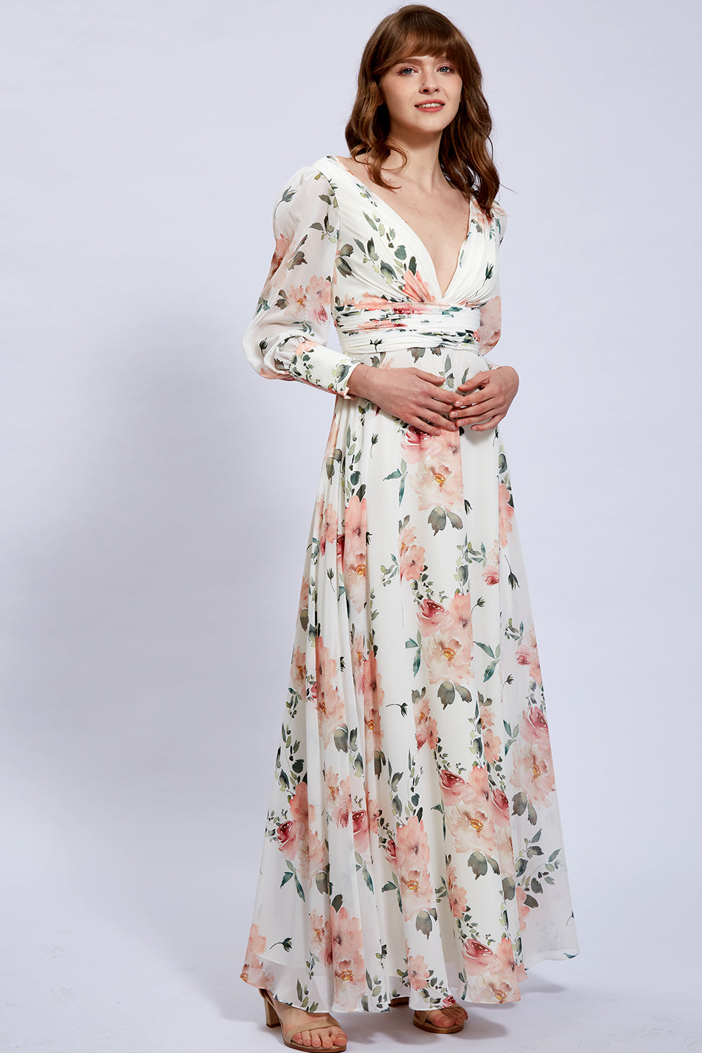 Long Sleeves V Neck Floral Chiffon Formal Evening Gown