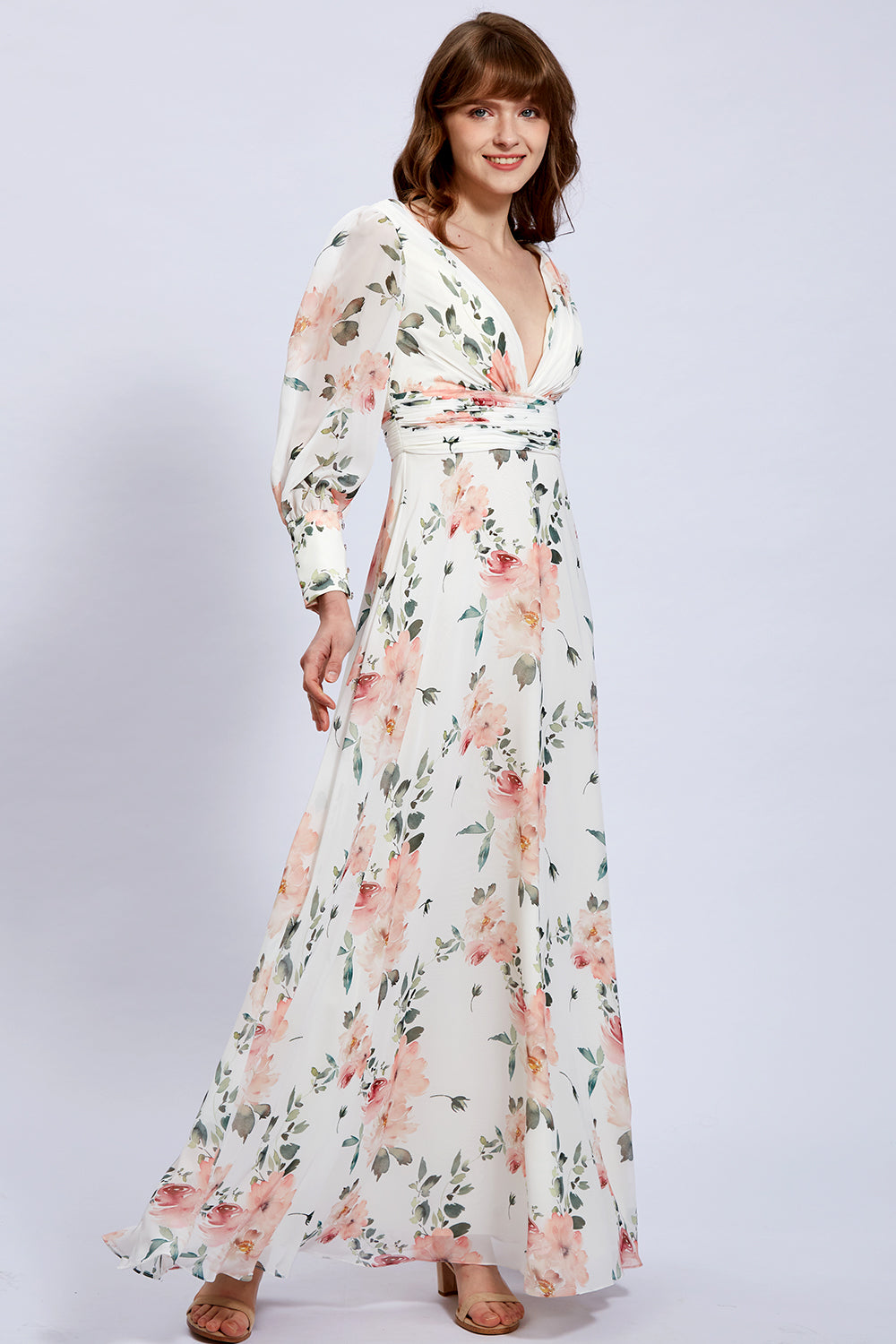 Long Sleeves V Neck Floral Chiffon Formal Evening Gown