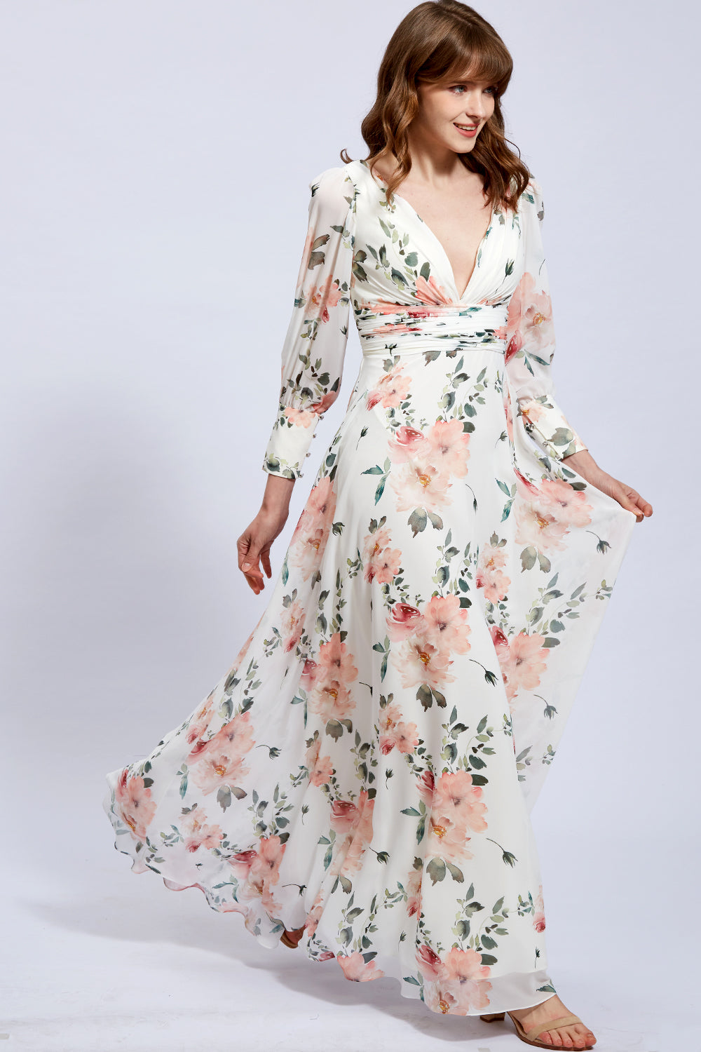 MissJophiel Women Long Sleeves V Neck Floral Chiffon Maxi Dress Formal Evening Gown Peach as pictures / Floor Length / US22W MissJophiel Women Long Sleeves V Neck Floral Chiffon Maxi Dress Formal Evening Gown Peach as pictures / Floor Length / US22W