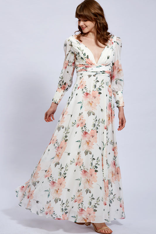 Long Sleeves V Neck Floral Chiffon Formal Evening Gown