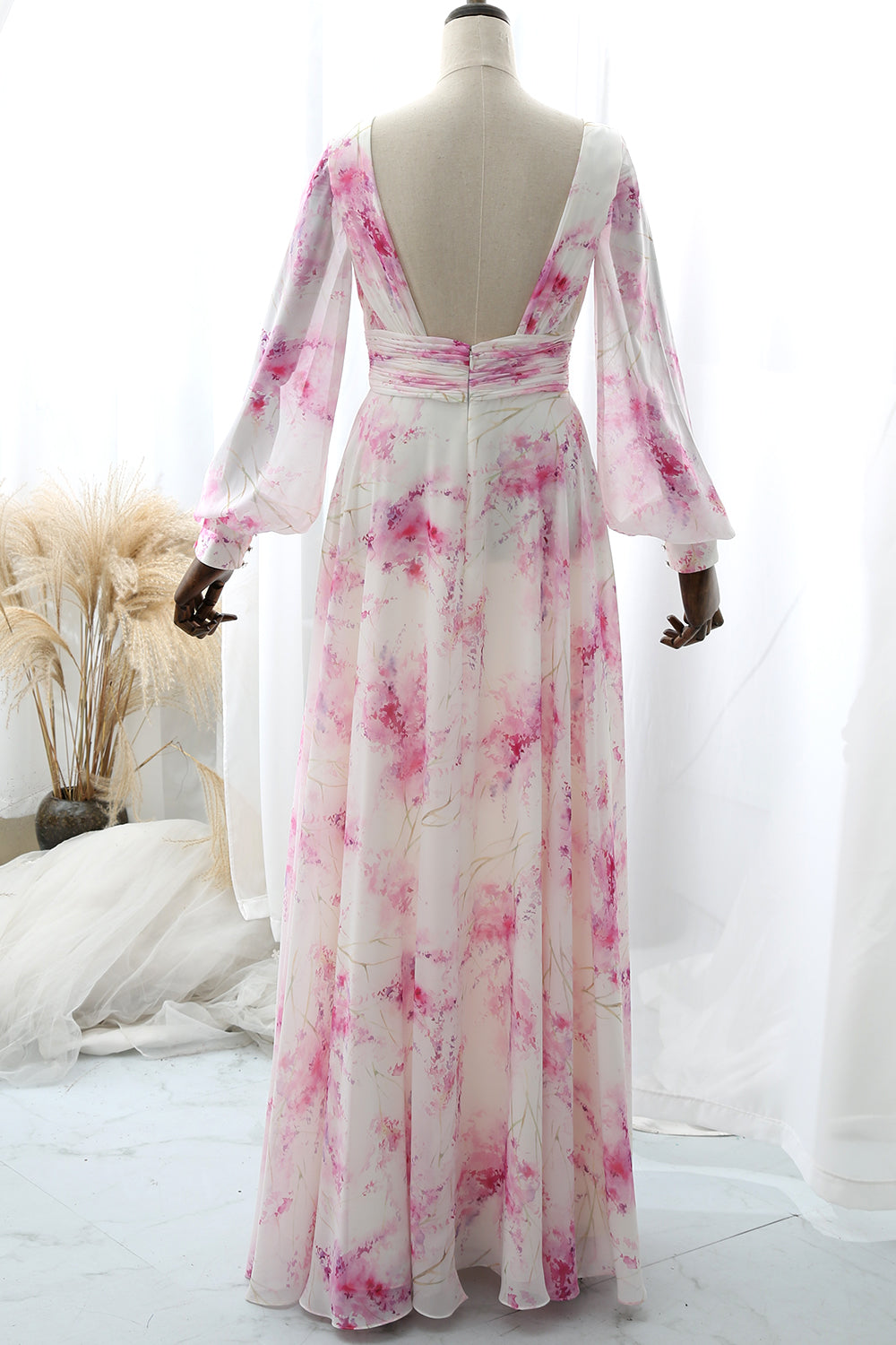 MissJophiel Long Sleeves V Neck Floral Chiffon Pink Maxi Dress Formal Evening Gown