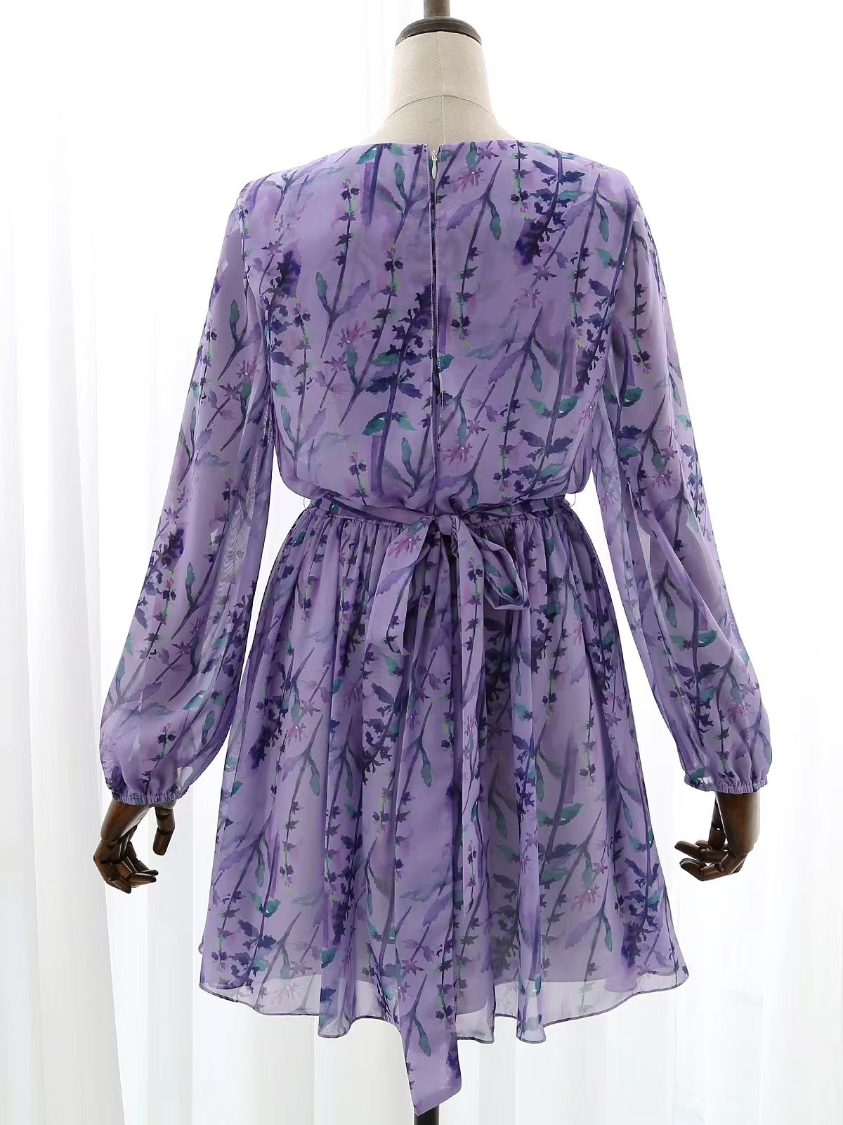 MissJophiel Long Sleeves V Neck Floral Chiffon Purple Mini Dress Wedding Guest Evening Gown