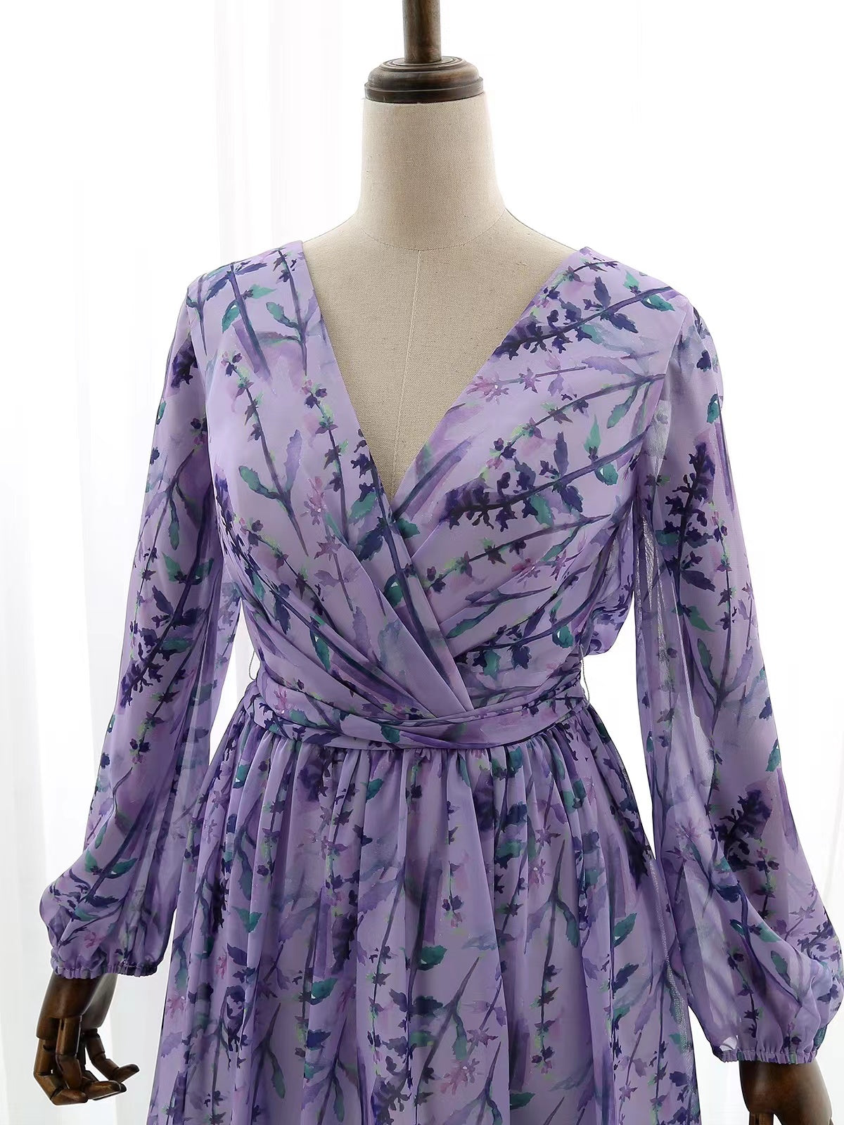 Long Sleeves V Neck Floral Chiffon Purple Mini Dress Wedding Guest Evening Gown