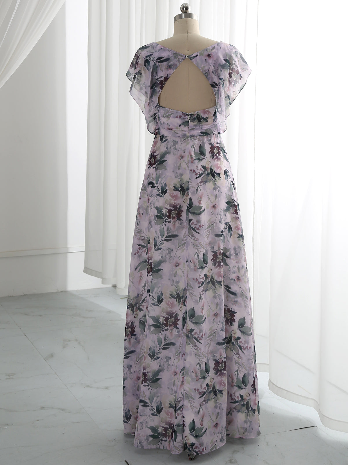 MissJophiel Bat Sleeves V Neck Floral Chiffon Wisteria Prom Dress Wedding Guest Evening Gown