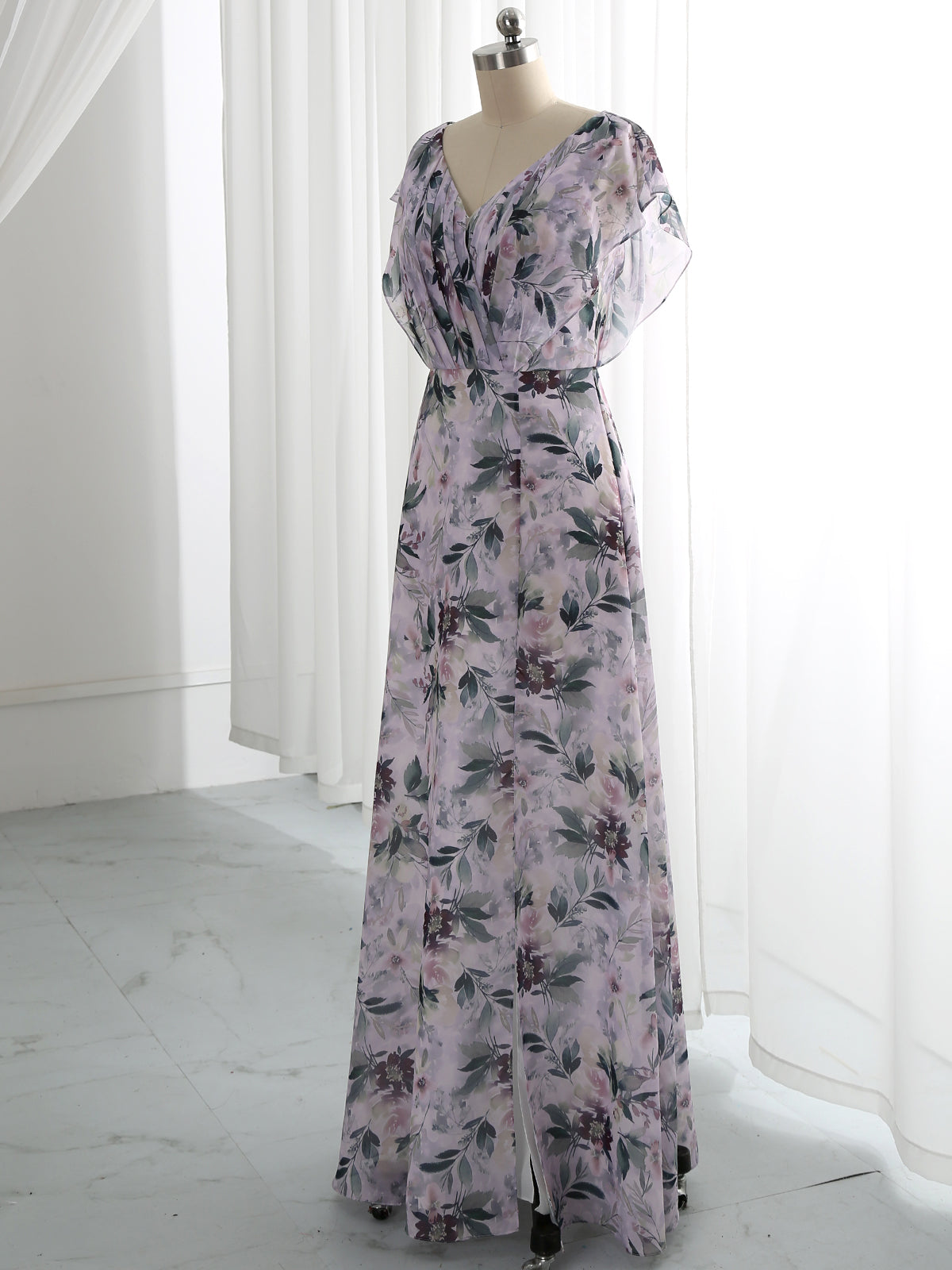 Bat Sleeves V Neck Floral Chiffon Wisteria Prom Dress Wedding Guest Evening Gown