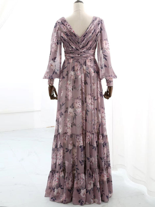 MissJophiel Long Puff Sleeves V Neck Floral Chiffon Wisteria Evening Gown Wedding Guest Dress