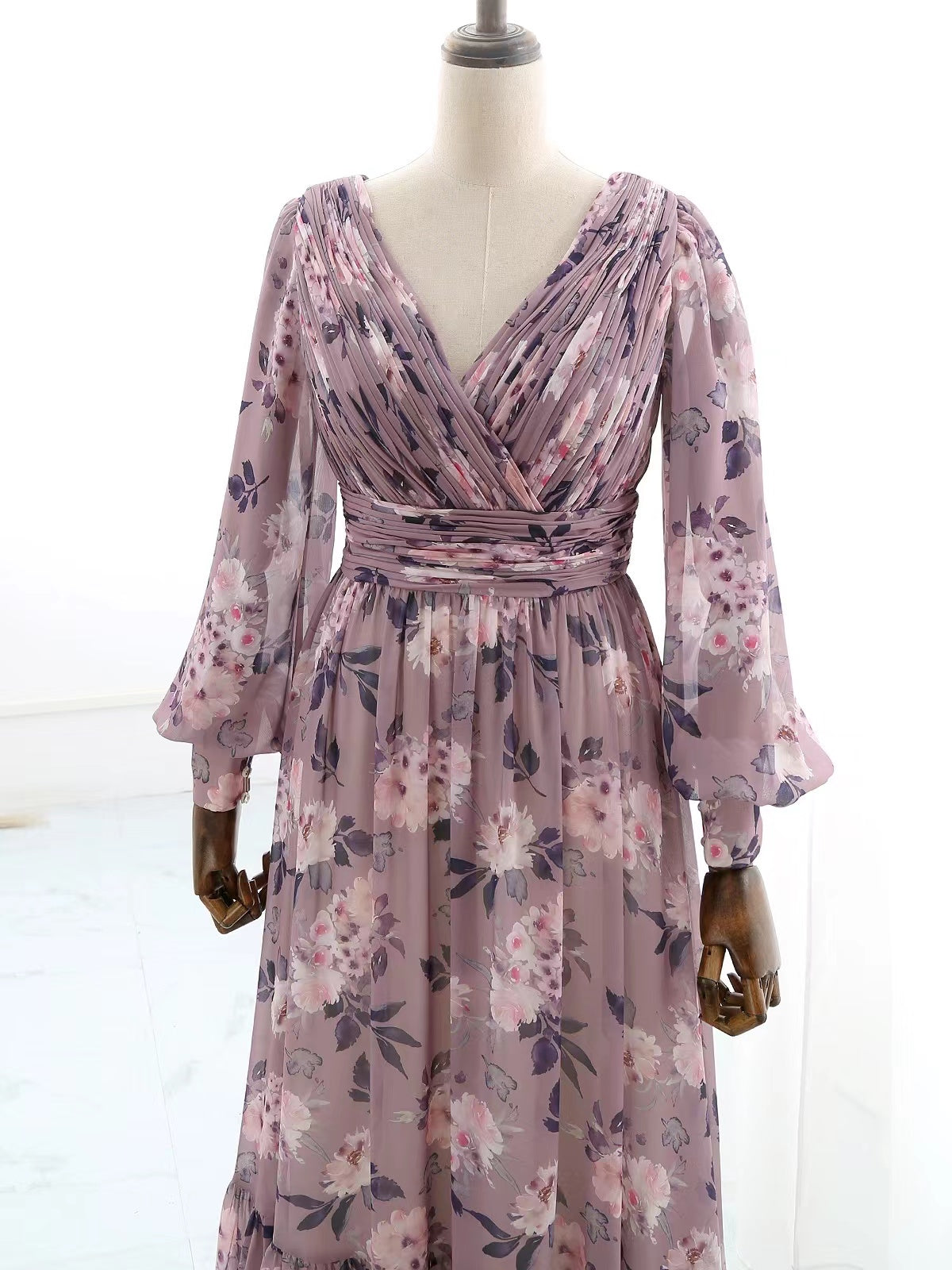 Long Puff Sleeves V Neck Floral Chiffon Wisteria Evening Gown Wedding Guest Dress
