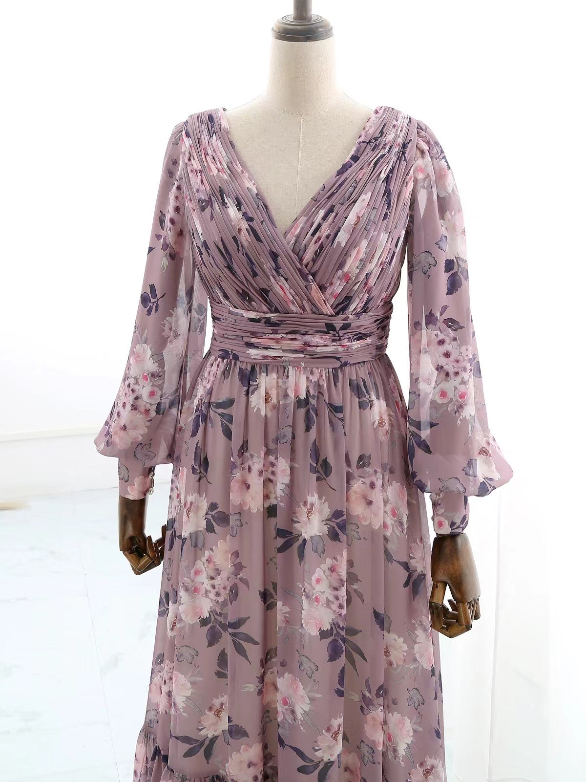 MissJophiel Long Puff Sleeves V Neck Floral Chiffon Wisteria Evening Gown Wedding Guest Dress Wisteria / Floor Length / US10 MissJophiel Long Puff Sleeves V Neck Floral Chiffon Wisteria Evening Gown Wedding Guest Dress Wisteria / Floor Length / US10