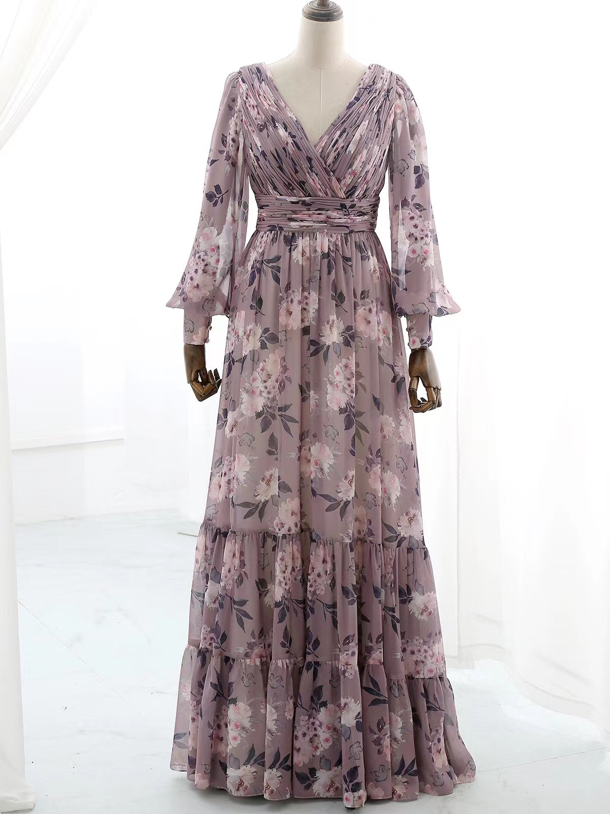 MissJophiel Long Puff Sleeves V Neck Floral Chiffon Wisteria Evening Gown Wedding Guest Dress