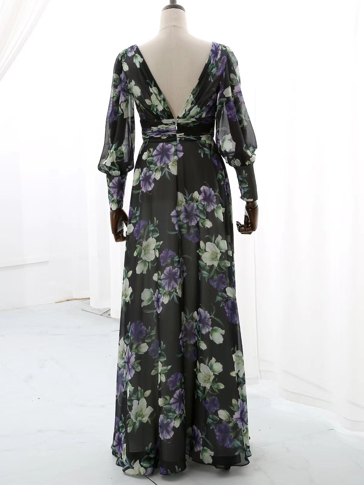 MissJophiel Long Puff Sleeves V Neck Floral Chiffon Black Evening Gown Wedding Guest Dress Black Floral / Tea Length / US2 MissJophiel Long Puff Sleeves V Neck Floral Chiffon Black Evening Gown Wedding Guest Dress Black Floral / Tea Length / US2