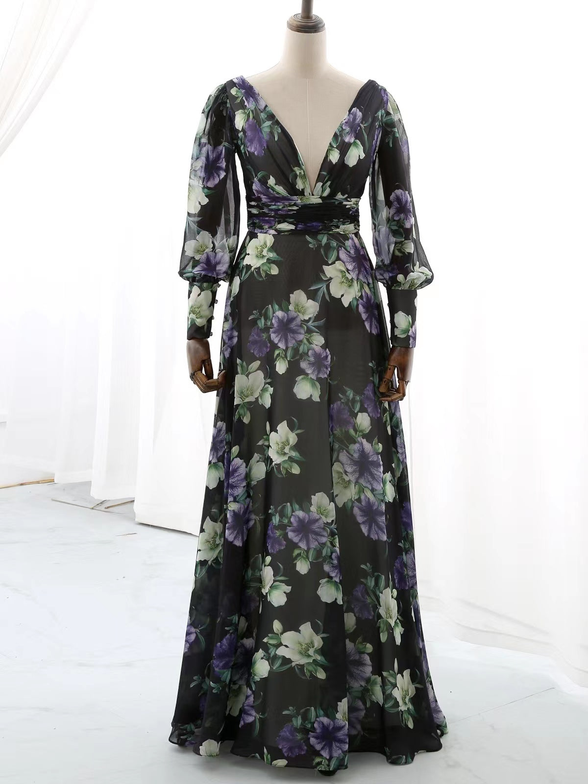 MissJophiel Long Puff Sleeves V Neck Floral Chiffon Black Evening Gown Wedding Guest Dress Black Floral / Tea Length / US2 MissJophiel Long Puff Sleeves V Neck Floral Chiffon Black Evening Gown Wedding Guest Dress Black Floral / Tea Length / US2