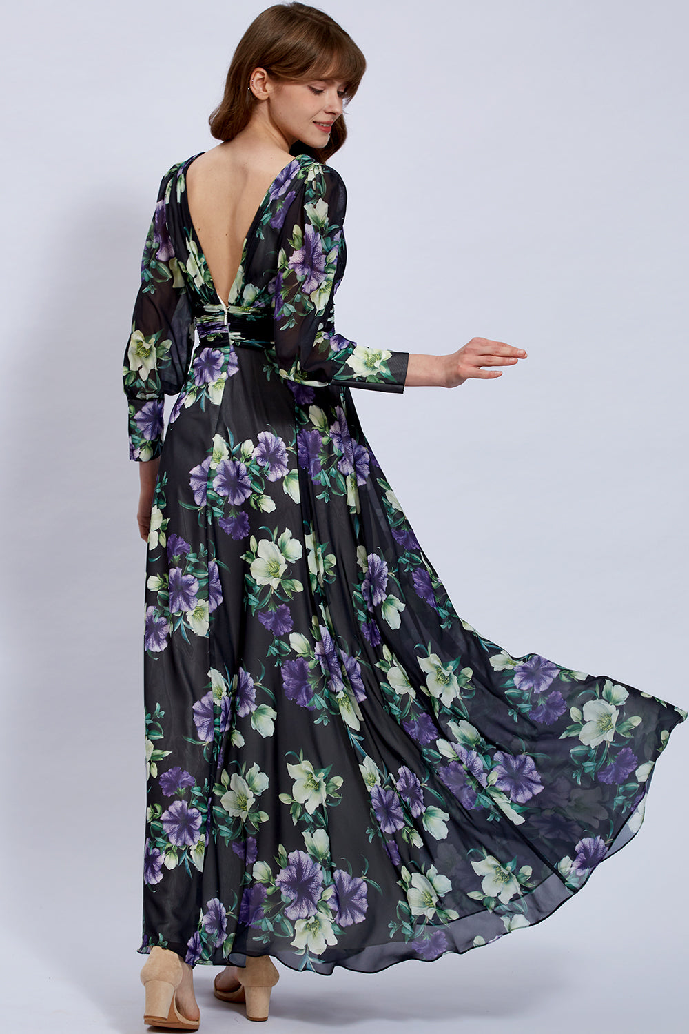 MissJophiel Long Puff Sleeves V Neck Floral Chiffon Black Evening Gown Wedding Guest Dress Other / Knee Length / US22W MissJophiel Long Puff Sleeves V Neck Floral Chiffon Black Evening Gown Wedding Guest Dress Other / Knee Length / US22W