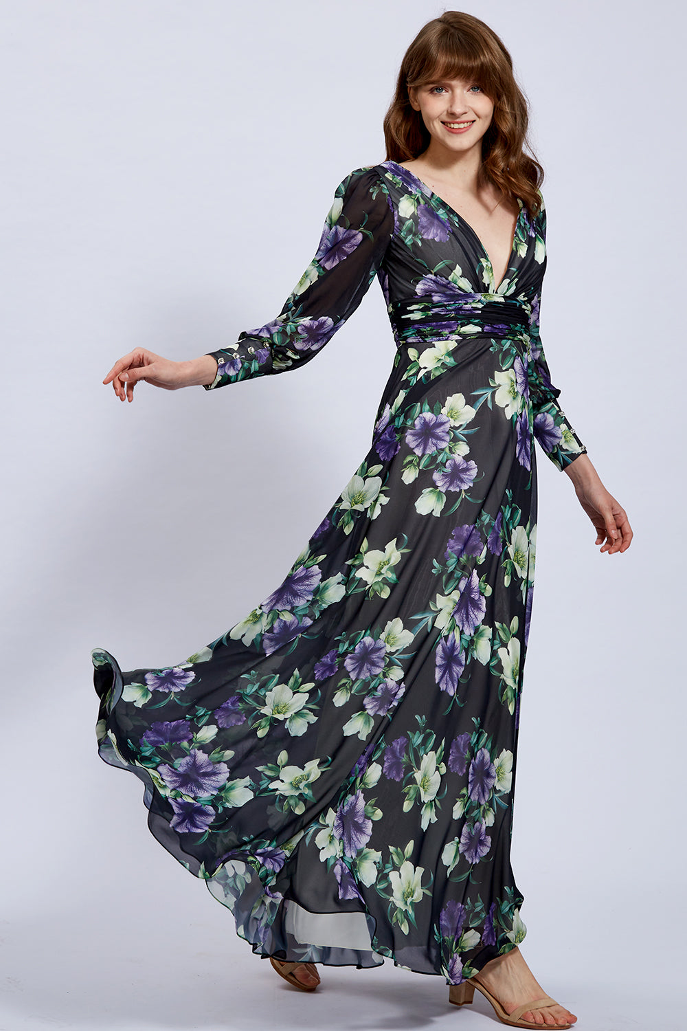 MissJophiel Long Puff Sleeves V Neck Floral Chiffon Black Evening Gown Wedding Guest Dress Black Floral / Tea Length / US2 MissJophiel Long Puff Sleeves V Neck Floral Chiffon Black Evening Gown Wedding Guest Dress Black Floral / Tea Length / US2