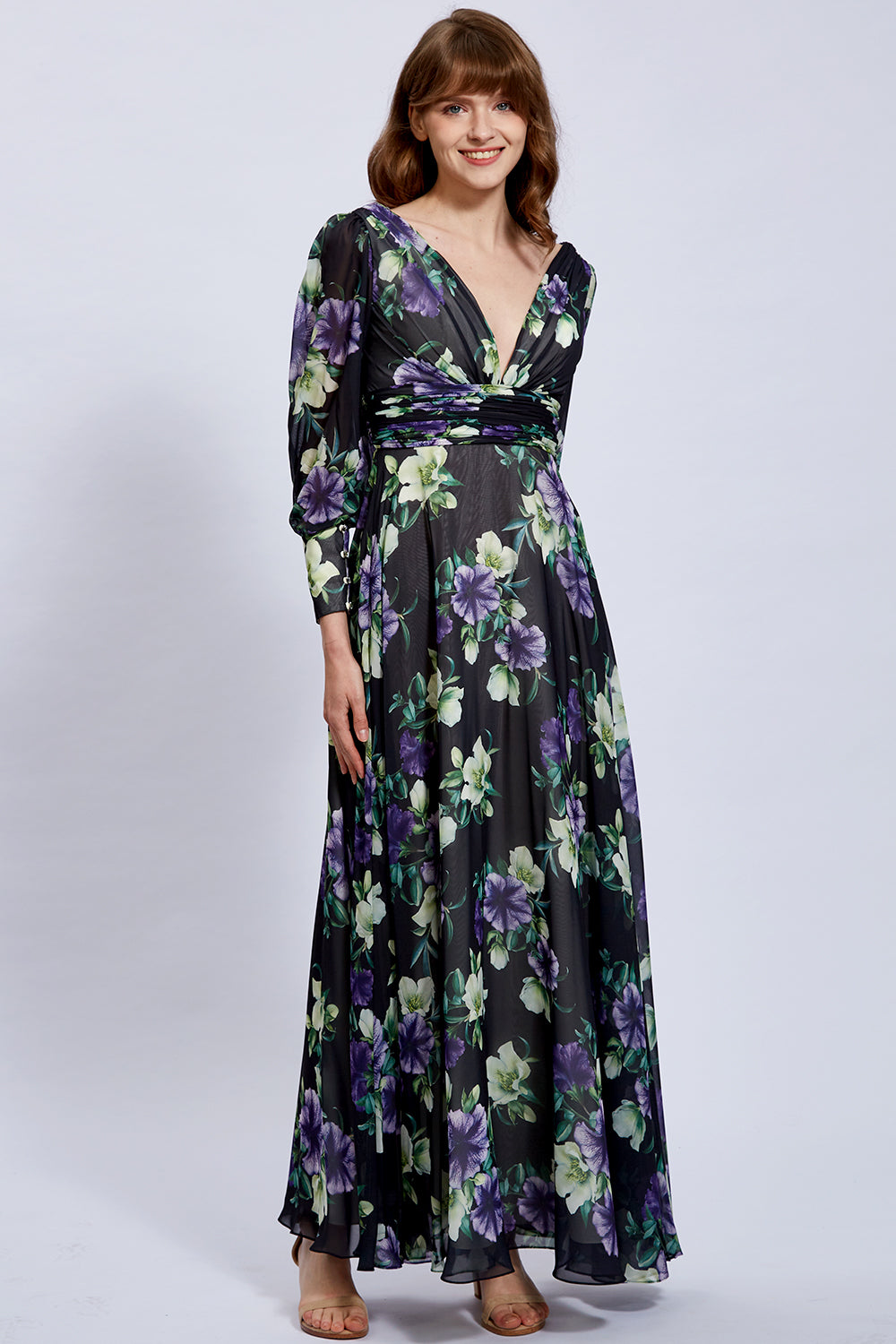 Long Puff Sleeves V Neck Floral Black Evening Gown