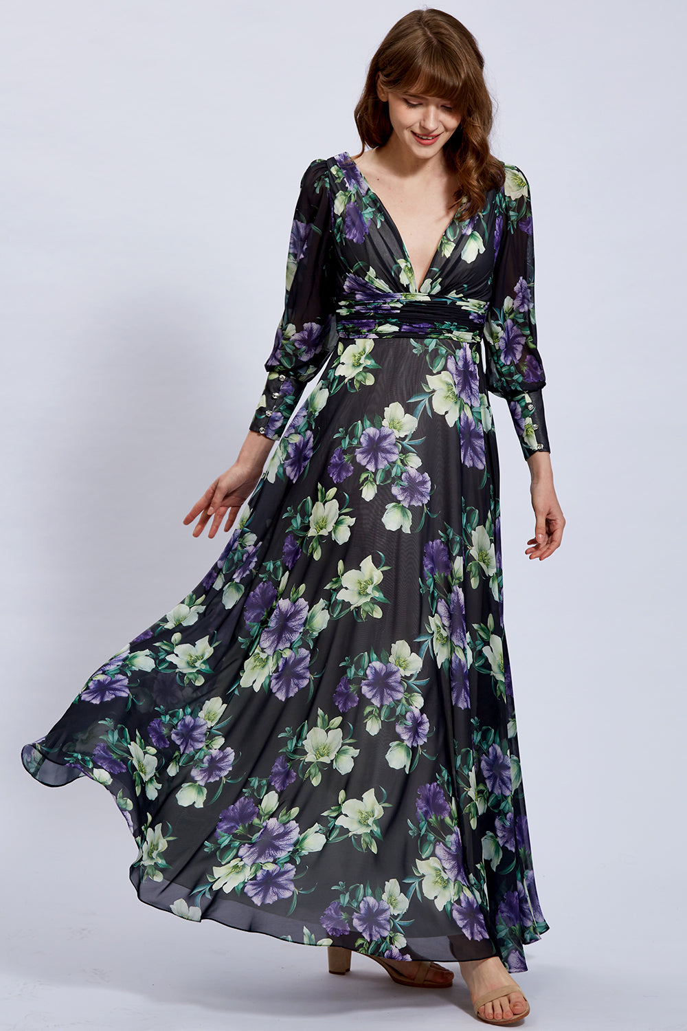 MissJophiel Long Puff Sleeves V Neck Floral Chiffon Black Evening Gown Wedding Guest Dress Black Floral / Tea Length / US2