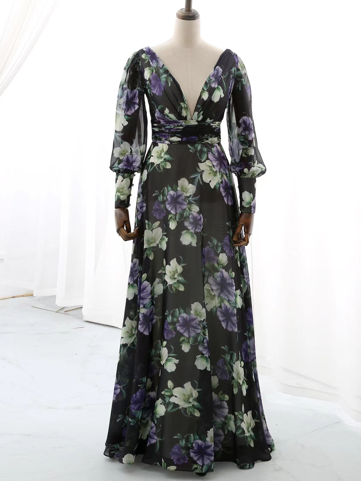 MissJophiel Long Puff Sleeves V Neck Floral Chiffon Black Evening Gown Wedding Guest Dress