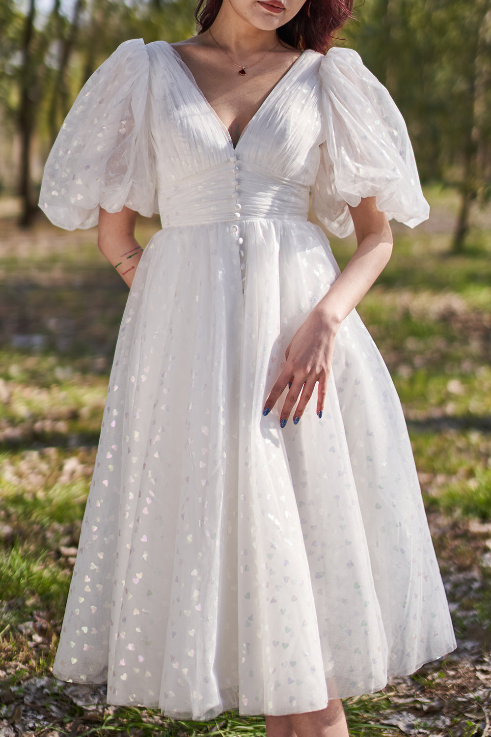 MissJophiel Puff Sleeves V Neck Tulle Midi Prom Dress with Slit Ivory / Above Knee / US14 MissJophiel Puff Sleeves V Neck Tulle Midi Prom Dress with Slit Ivory / Above Knee / US14