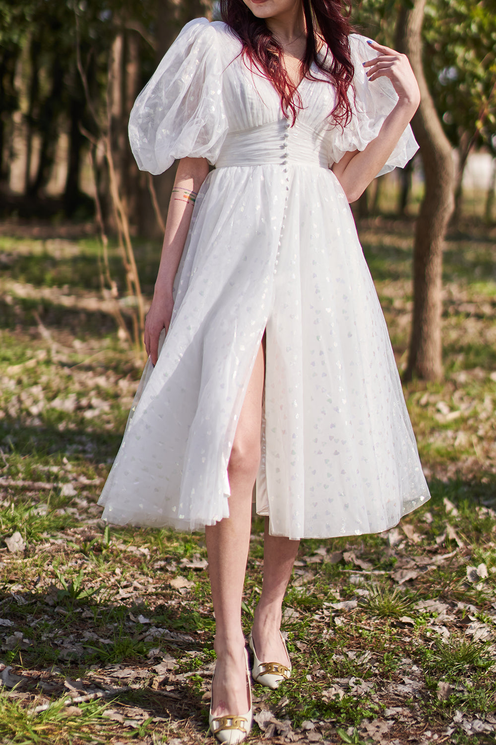 white tulle midi dress with sleeves White tulle midi party dress with embroidered bodice