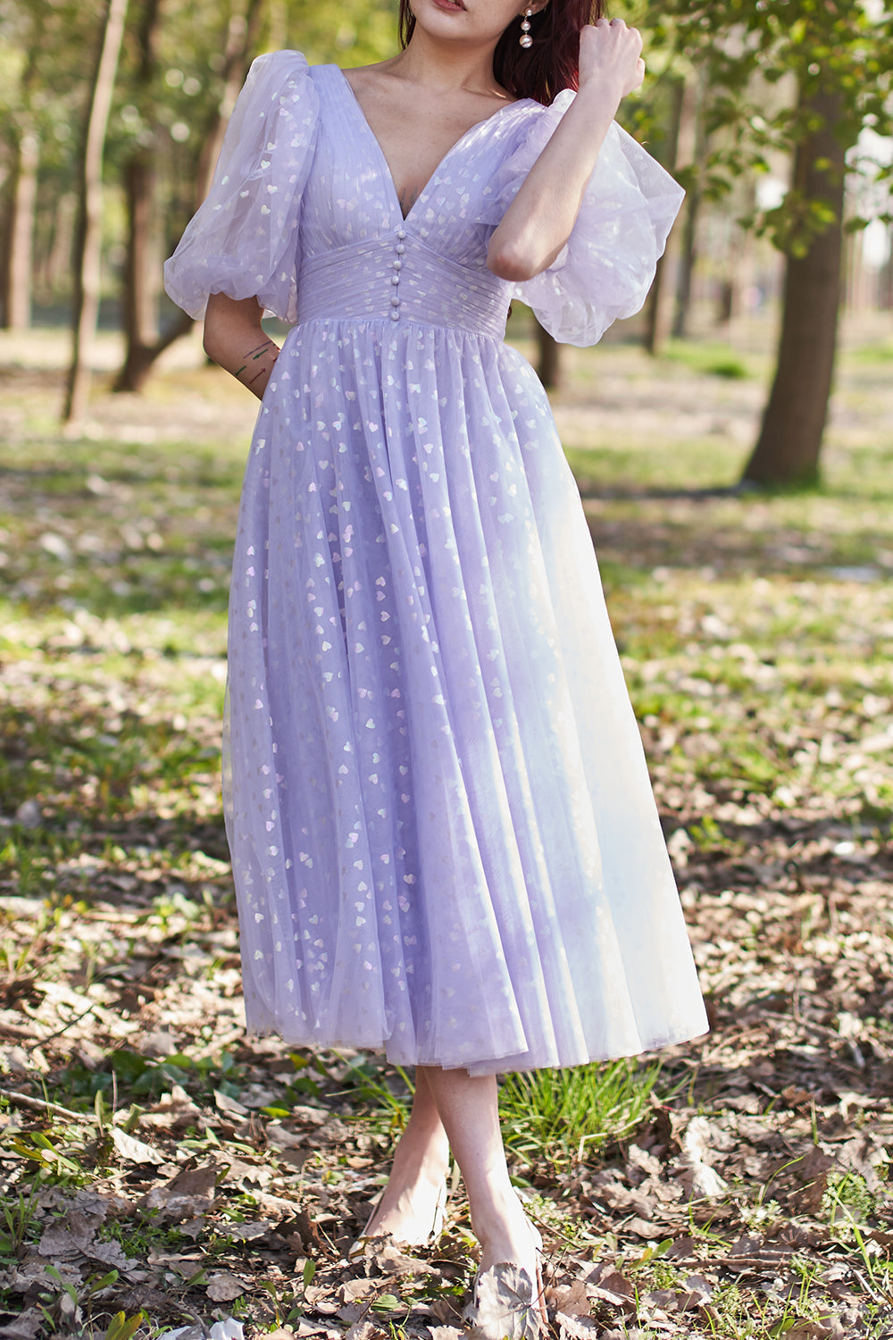 Lavender Heart Tulle Midi Prom Dress