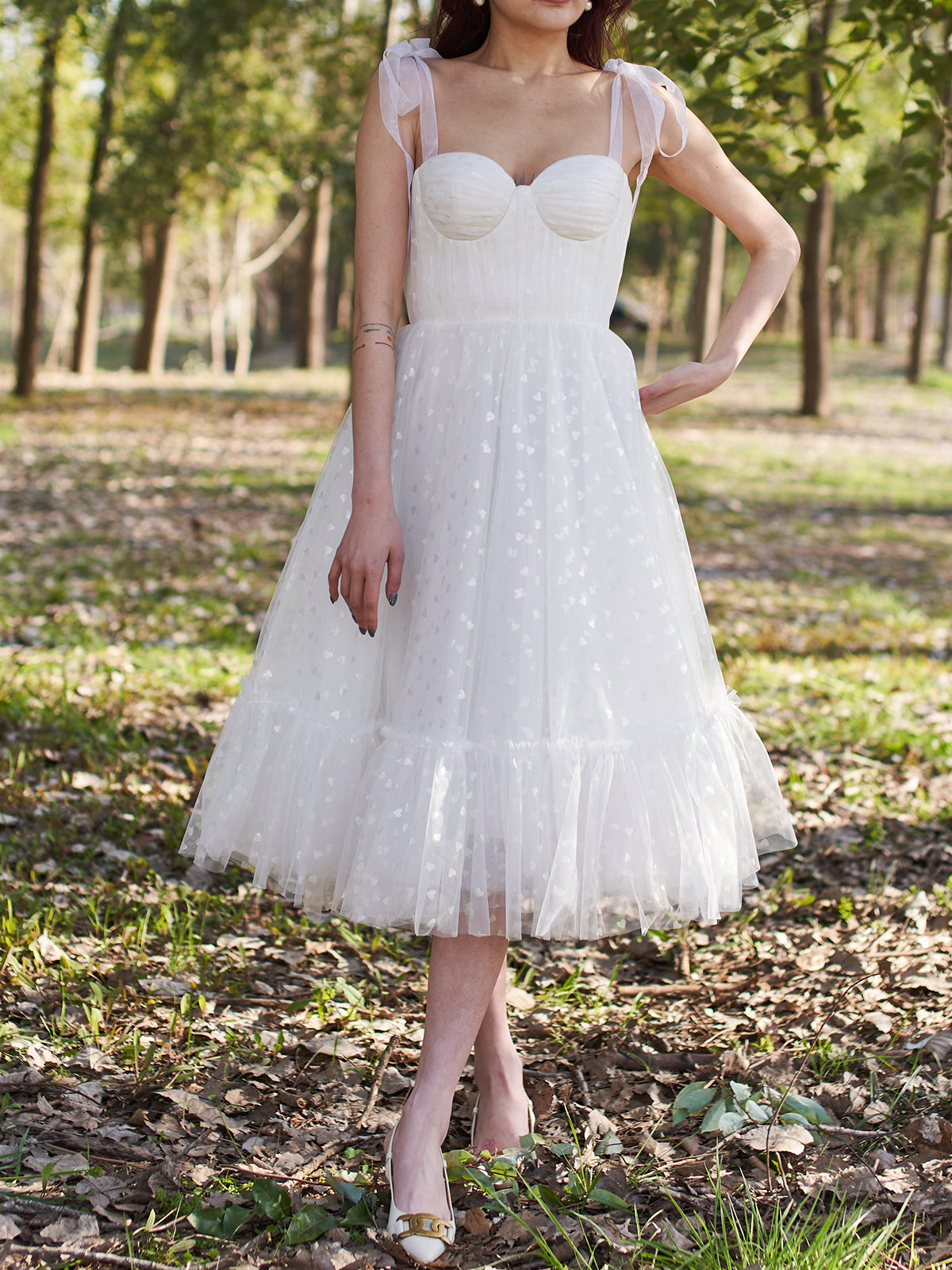 Bow Straps Tulle Sweetheart Midi Prom Dress