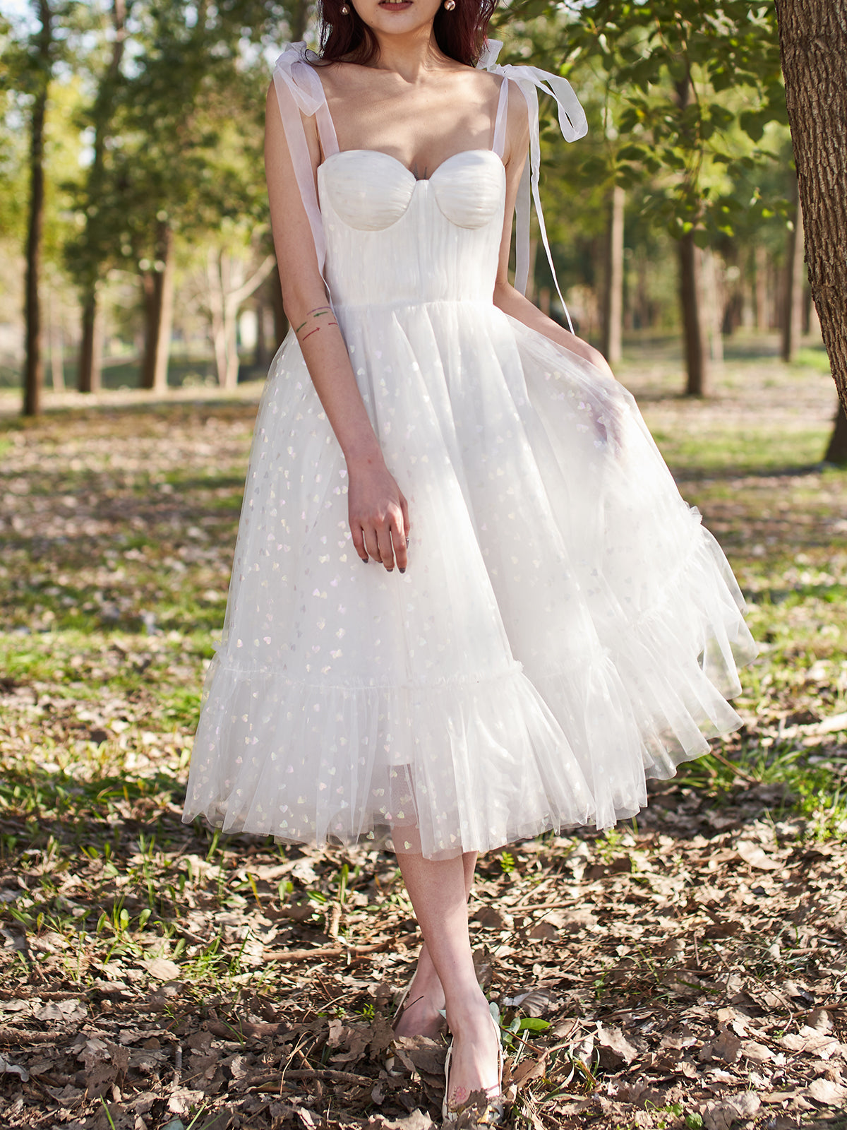 MissJophiel Bow Straps Tulle Sweetheart Midi Ivory Prom Dress Formal Evening Gown