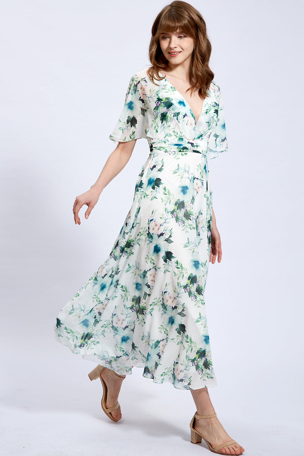 Cape-Ärmel V-Ausschnitt Floral Chiffon Kleid für die Brautmutter