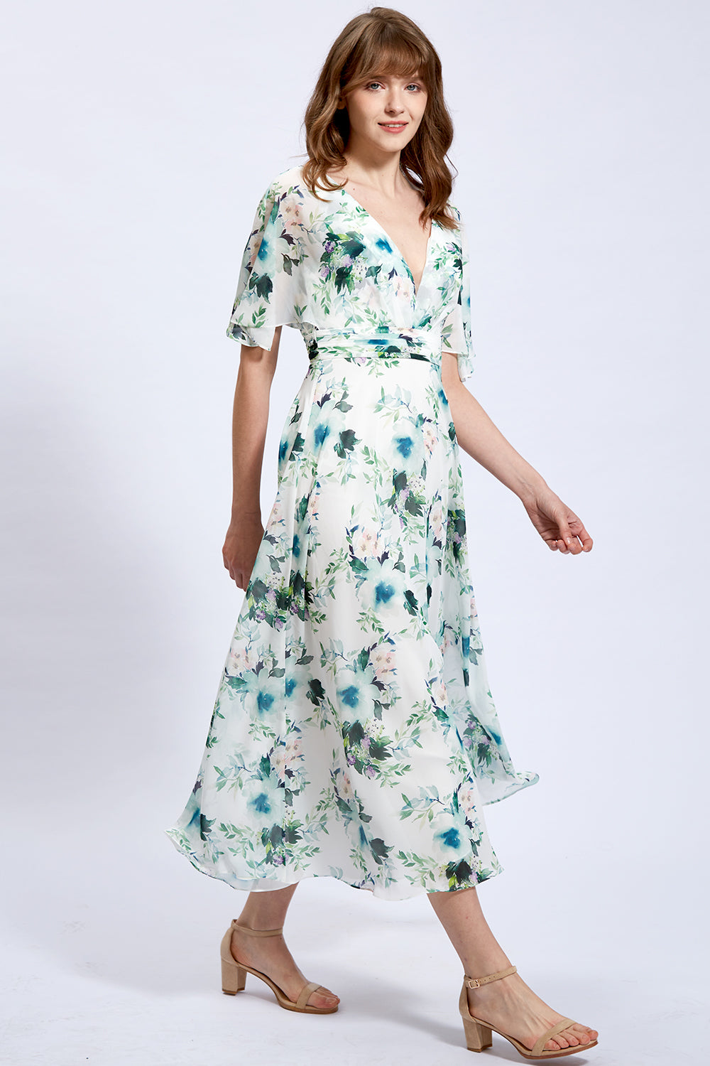 Cape Sleeves V Neck Floral Chiffon Mother of the Bride Dress