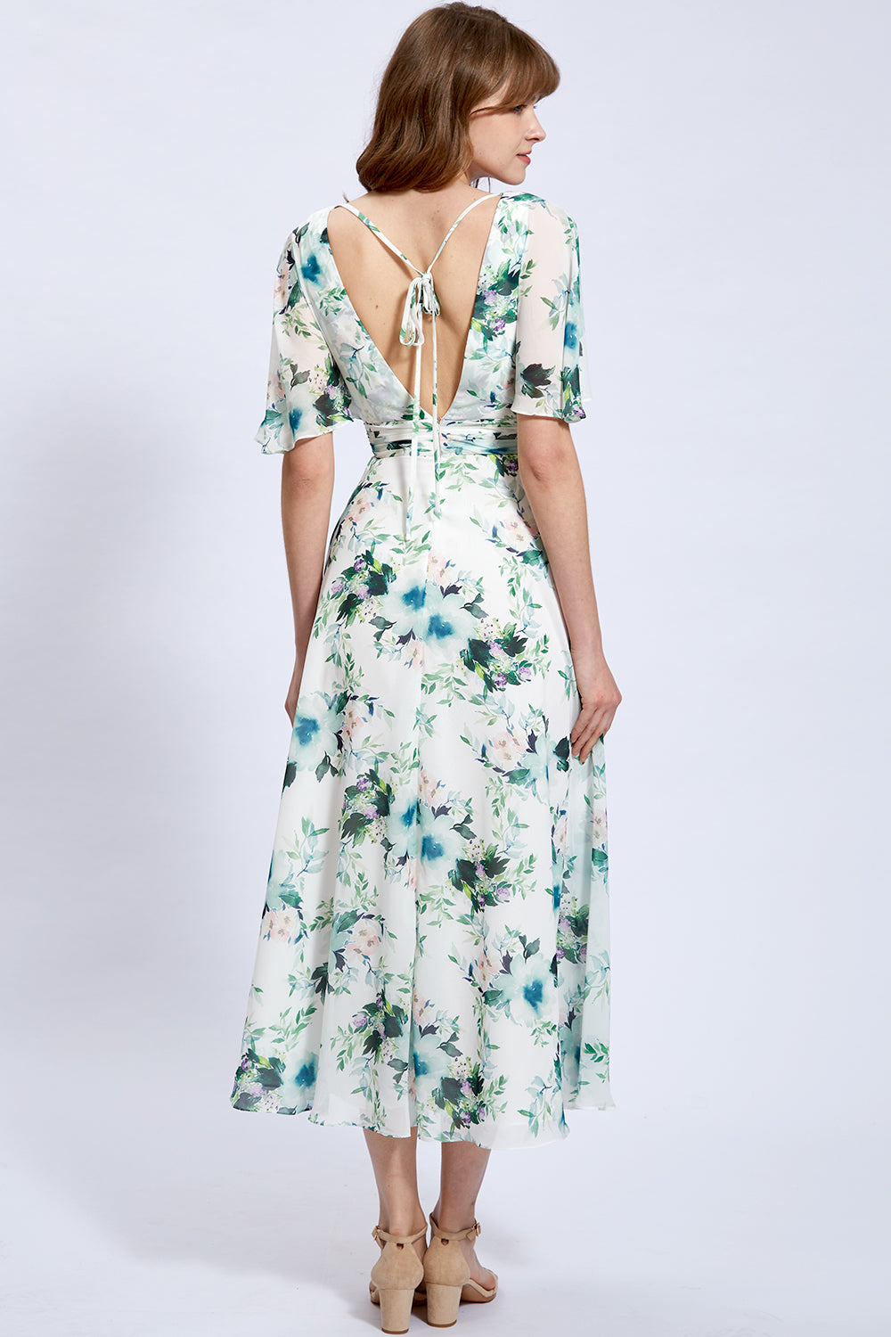 Cape Sleeves V Neck Floral Chiffon Mother of the Bride Dress