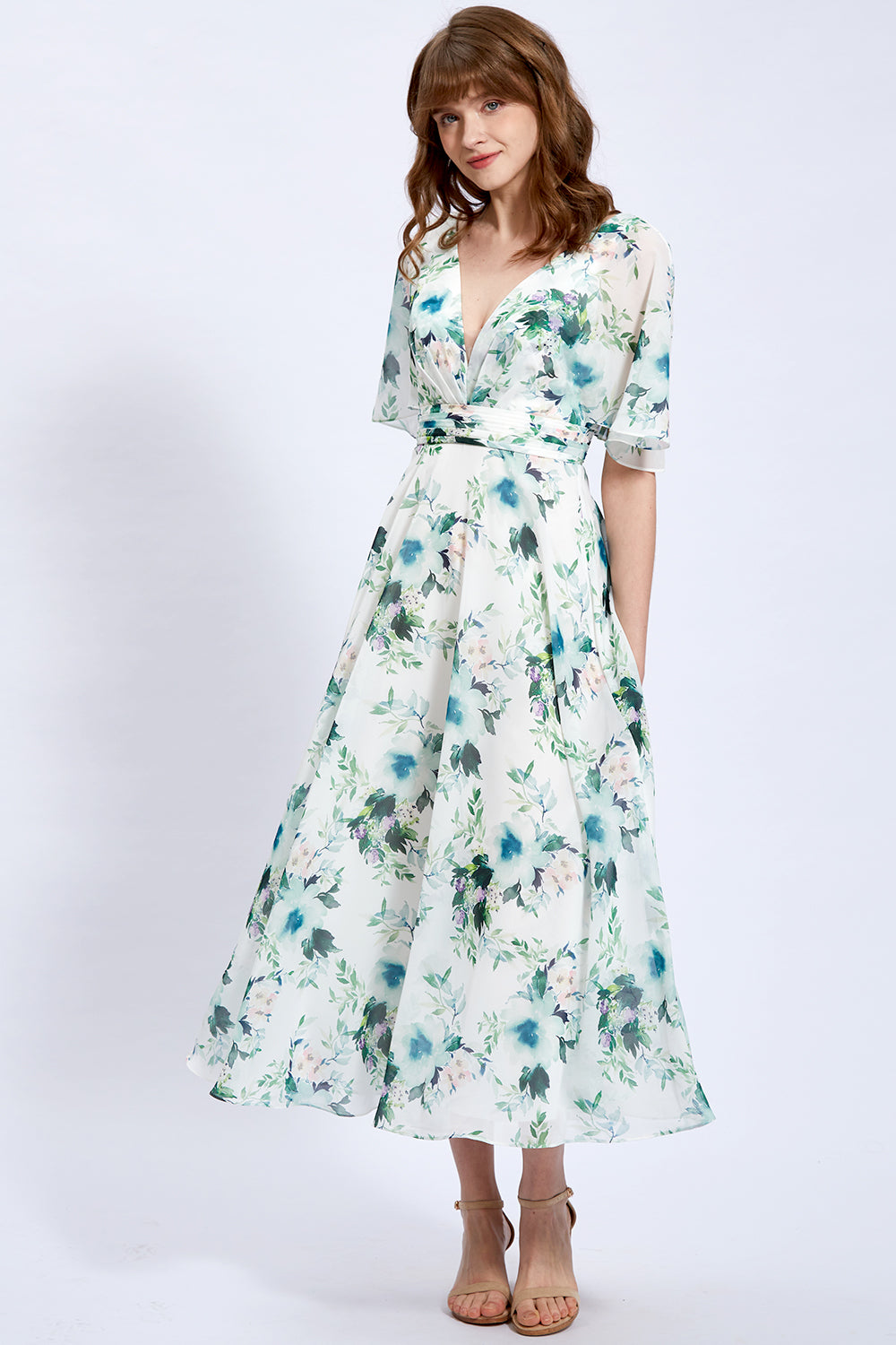 Cape Sleeves V Neck Floral Chiffon Mother of the Bride Dress Sage as pictures / Tea Length / US24