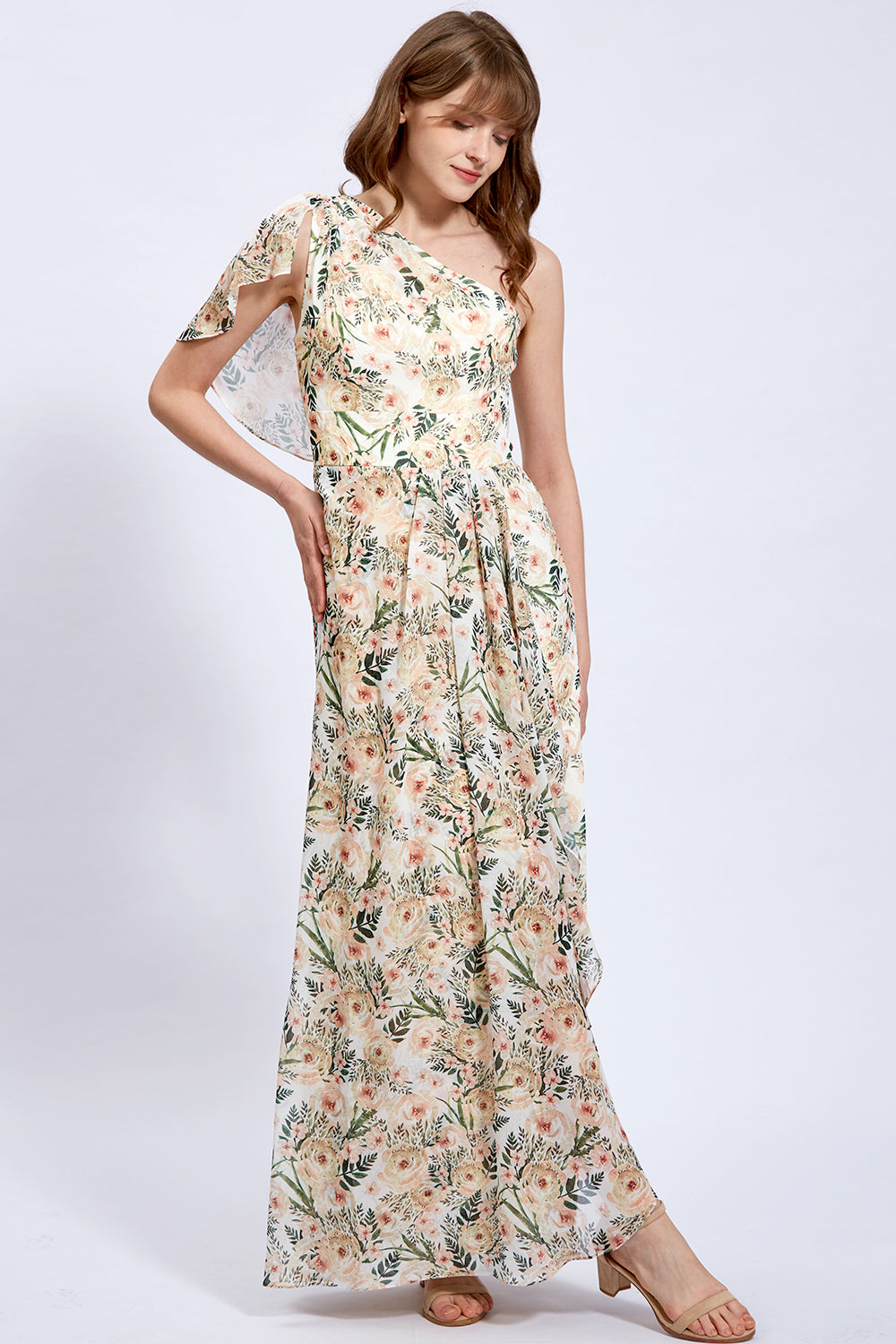 One Shoulder Floral Chiffon Formal Gown with Slit