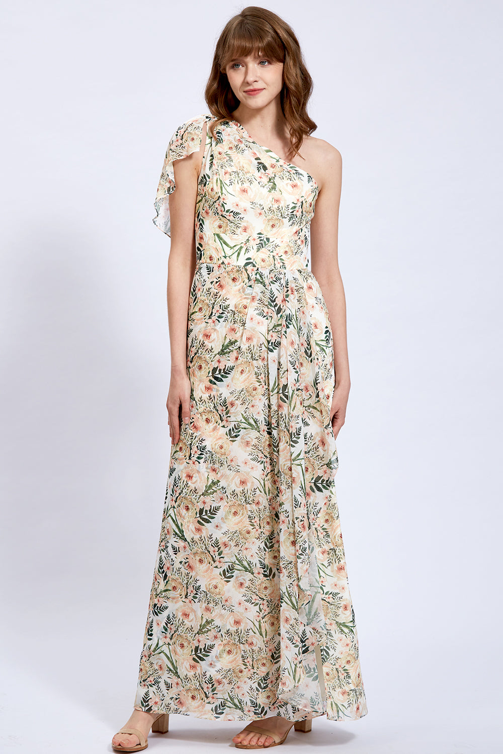 One Shoulder Floral Chiffon Formal Gown with Slit – MissJophiel