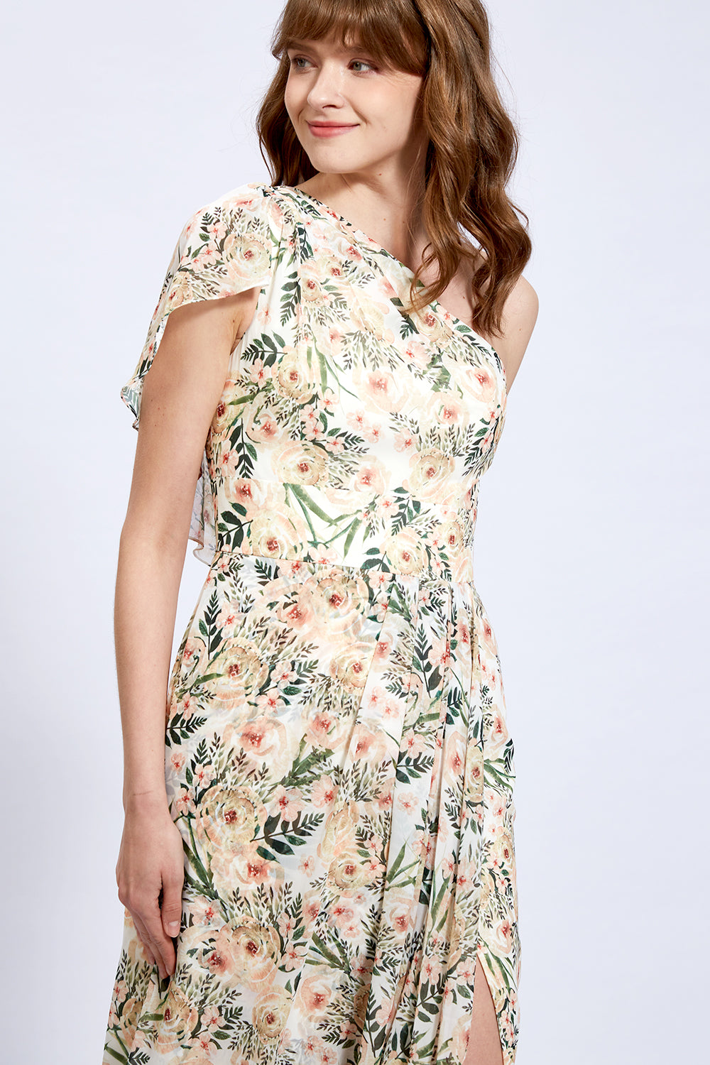 Formales Chiffon-Kleid mit einer Schulter und Blumenmuster und Schlitz
