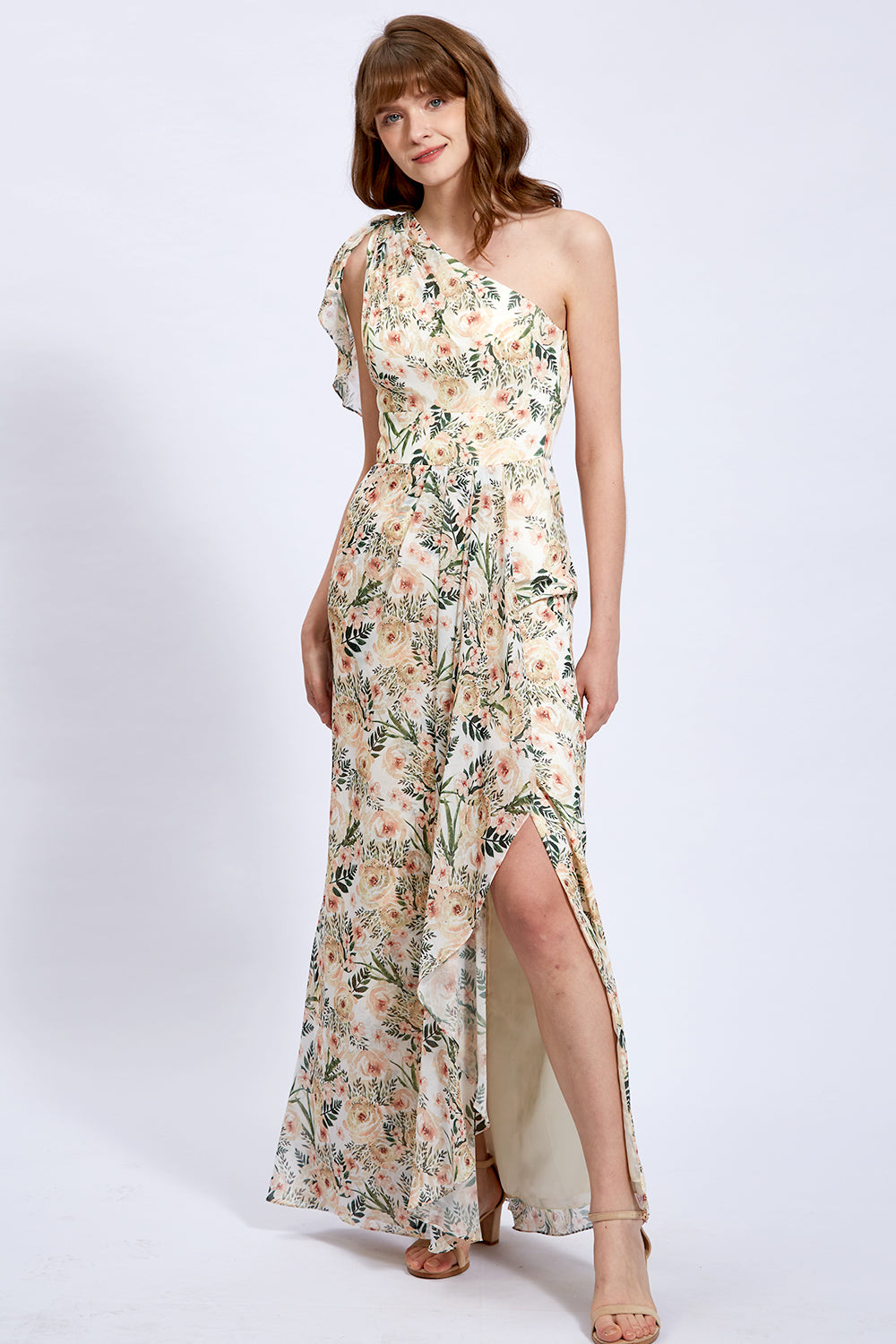 One Shoulder Floral Chiffon Formal Gown with Slit