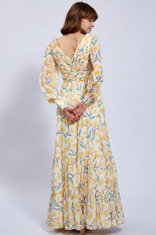 Puff Long Sleeves V Neck Floral Chiffon Yellow Evening Gown
