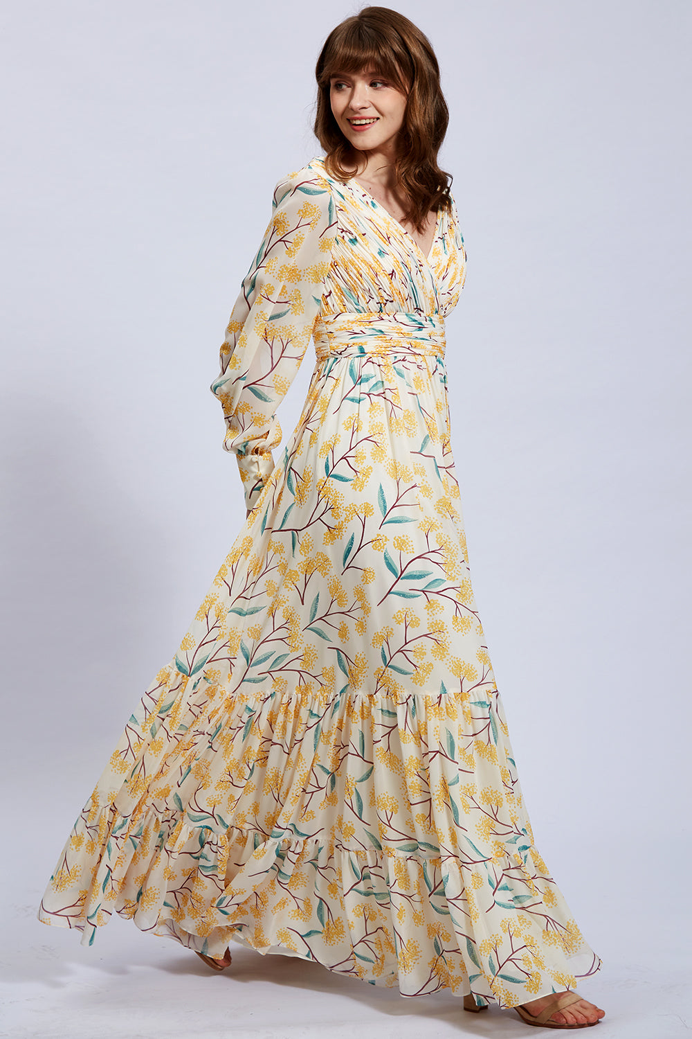 yellow floral long sleeve dress Anewsta Women's New Ditsy Floral Yellow Long Sleeve A-Line Flare Sleeve Maxi Elegant Vacation Dress Spring Dresses For Women