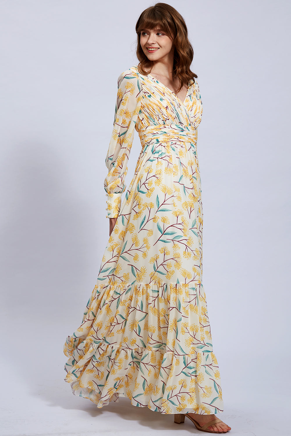 Puff Long Sleeves V Neck Floral Chiffon Yellow Evening Gown