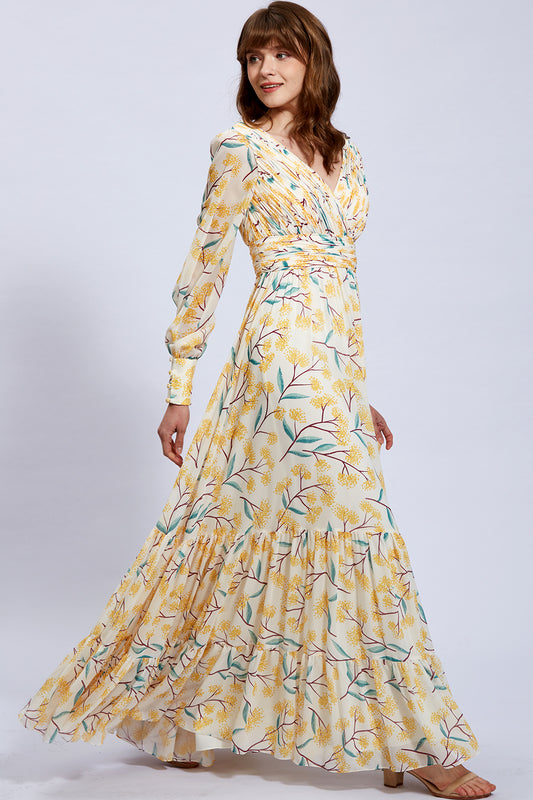 Puff Long Sleeves V Neck Floral Chiffon Yellow Evening Gown