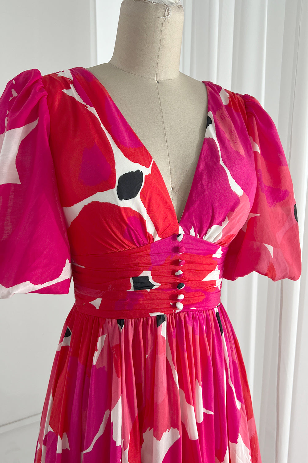 Puff Sleeves V Neck Silk Cutton Midi Dress