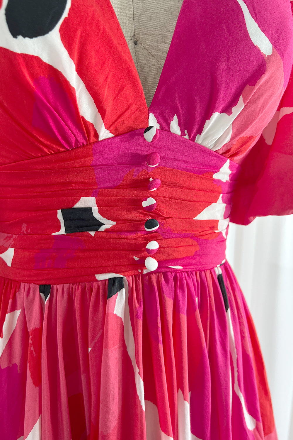 Puff Sleeves V Neck Silk Cutton Midi Dress