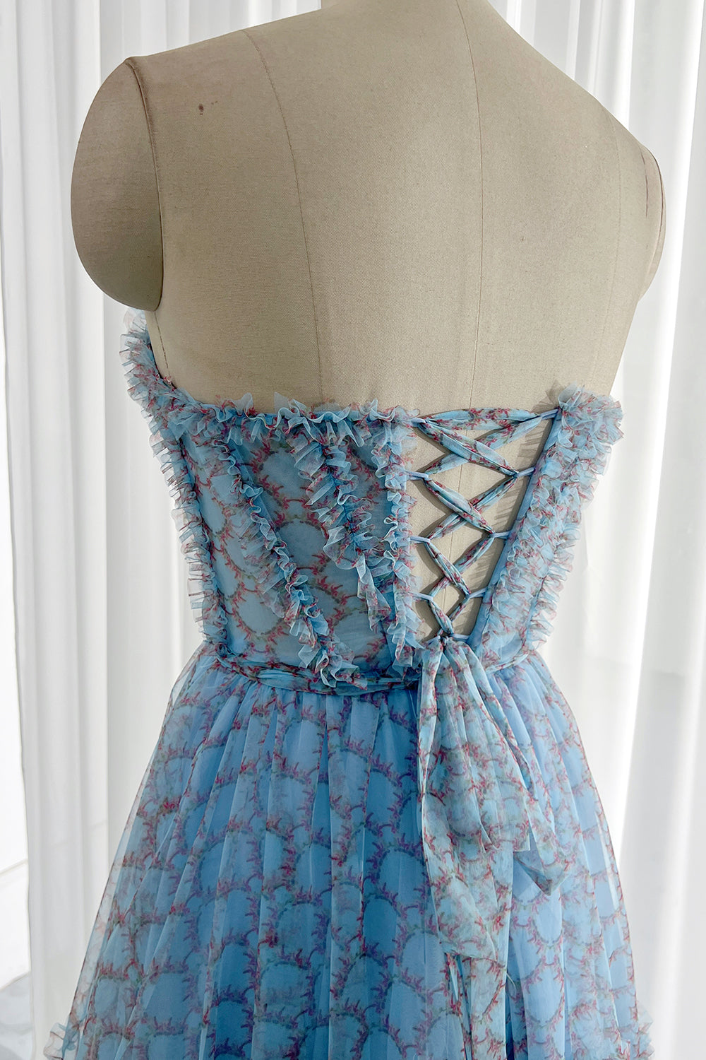 MissJophiel Strapless Print Tulle Midi Prom Dress with Lace Up Back