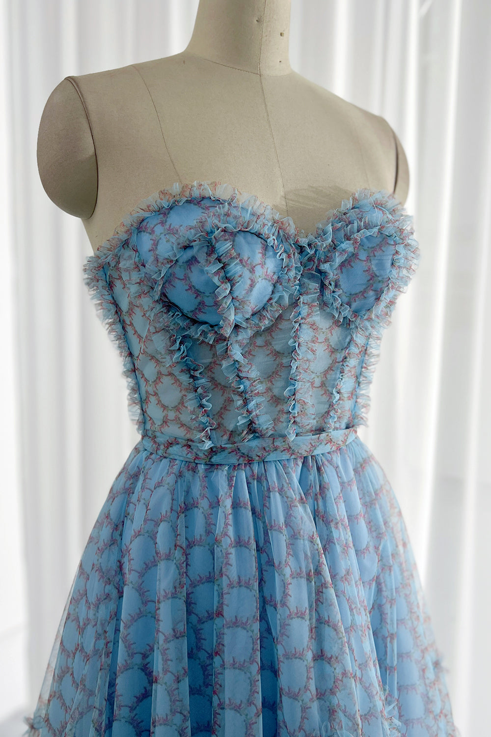 Strapless Print Tulle Midi Prom Dress with Lace Up Back