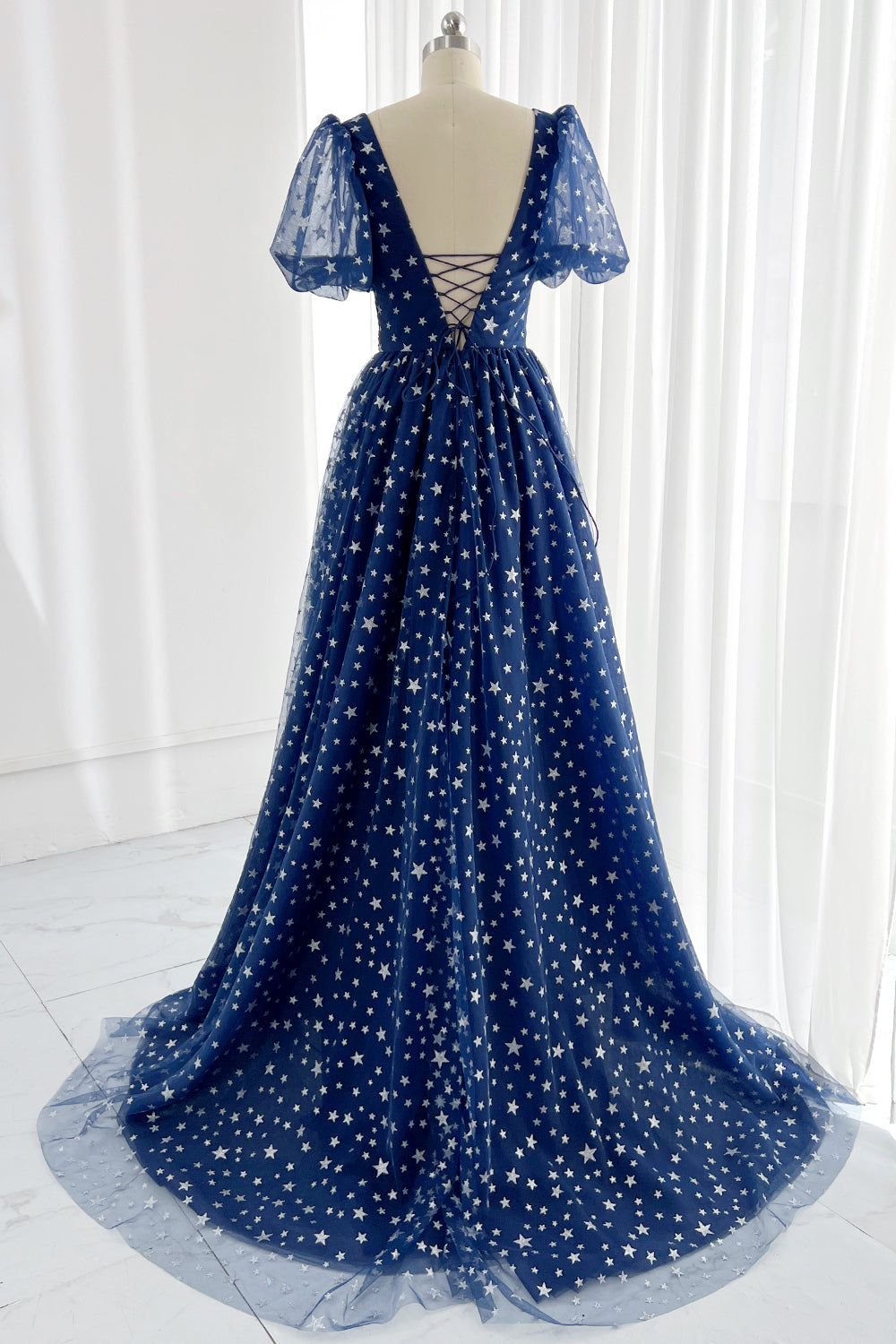 dark blue puff sleeve dress Plus Size Long Puff Sleeve Chiffon Maxi Dress