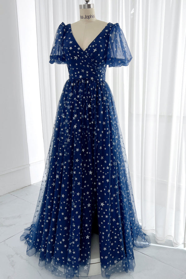 MissJophiel Puff Sleeves V Neck Dark Navy Prom Dress